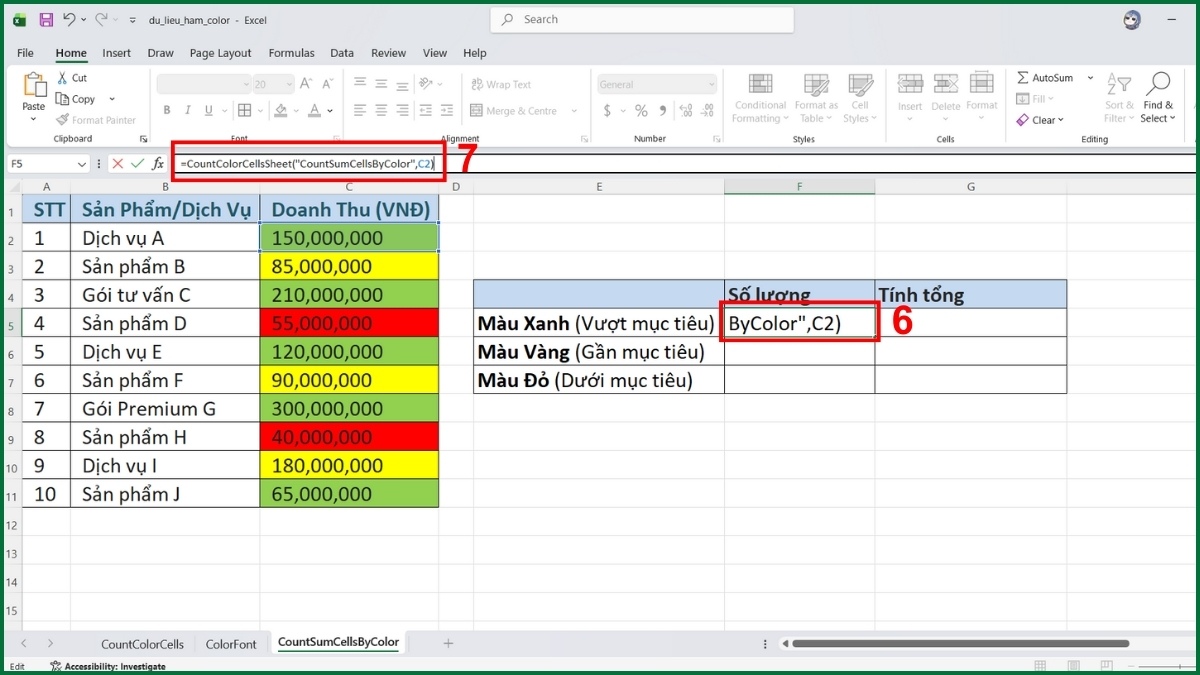 Cách đếm và tính tổng số ô theo màu trên toàn bộ bảng tính bước 4