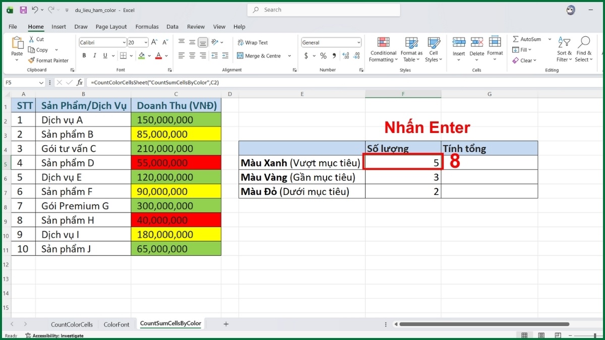 Cách đếm và tính tổng số ô theo màu trên toàn bộ bảng tính bước 4 tiếp theo