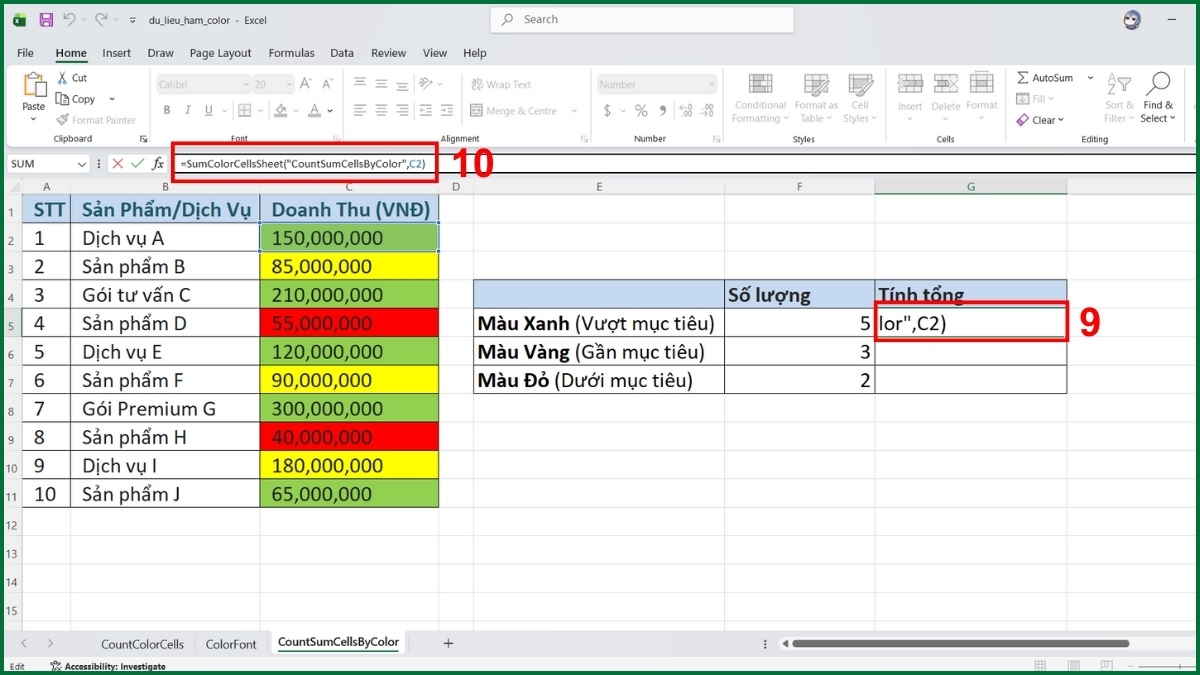 Cách đếm và tính tổng số ô theo màu trên toàn bộ bảng tính bước 5