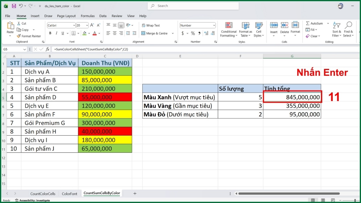 Cách đếm và tính tổng số ô theo màu trên toàn bộ bảng tính bước 5 tiếp theo