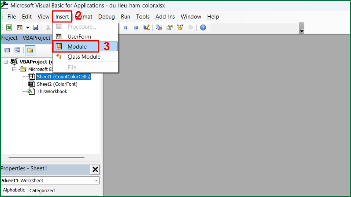 Cách đếm số ô theo màu ô bằng hàm Color trong Excel bước 2