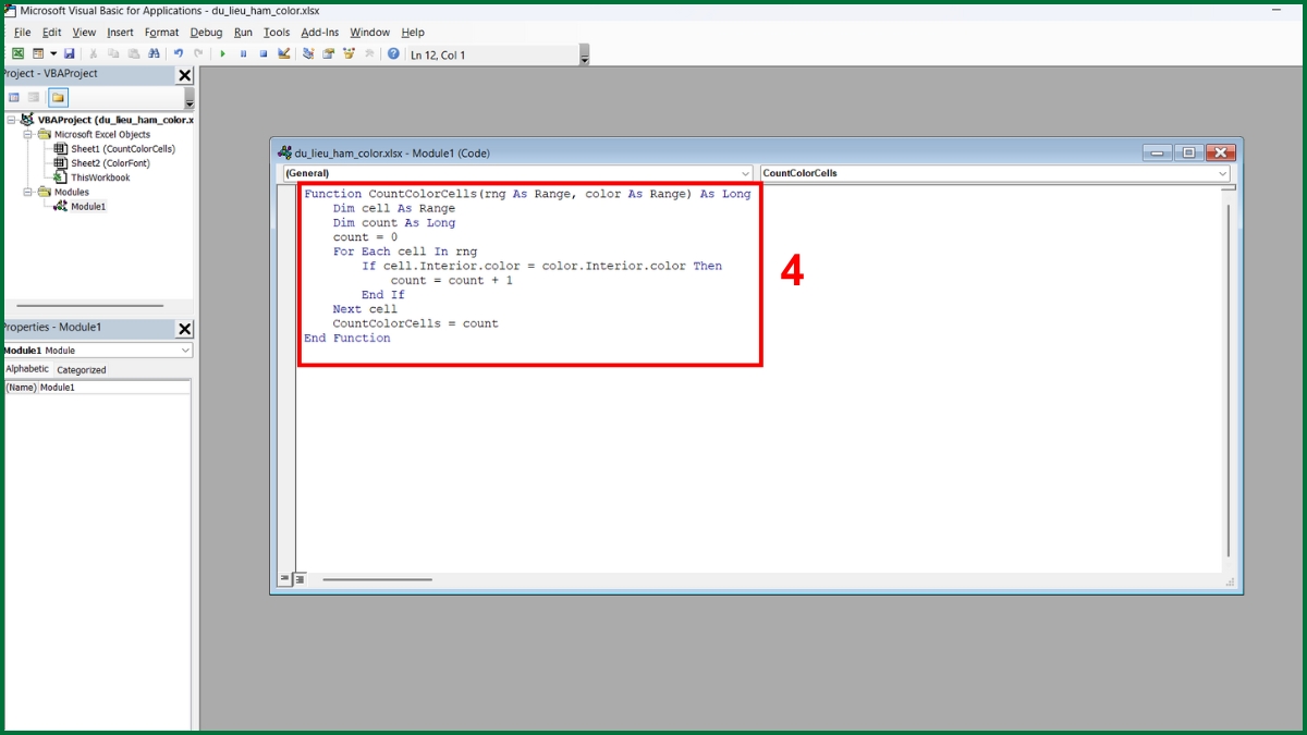 Cách đếm số ô theo màu ô bằng hàm Color trong Excel bước 3
