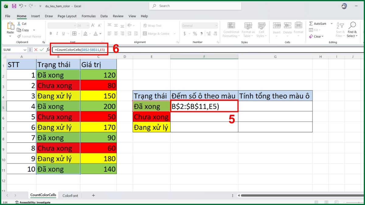 Cách đếm số ô theo màu ô bằng hàm Color trong Excel bước 4