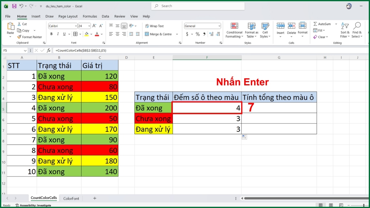 Cách đếm số ô theo màu ô bằng hàm Color trong Excel bước 4 tiếp theo