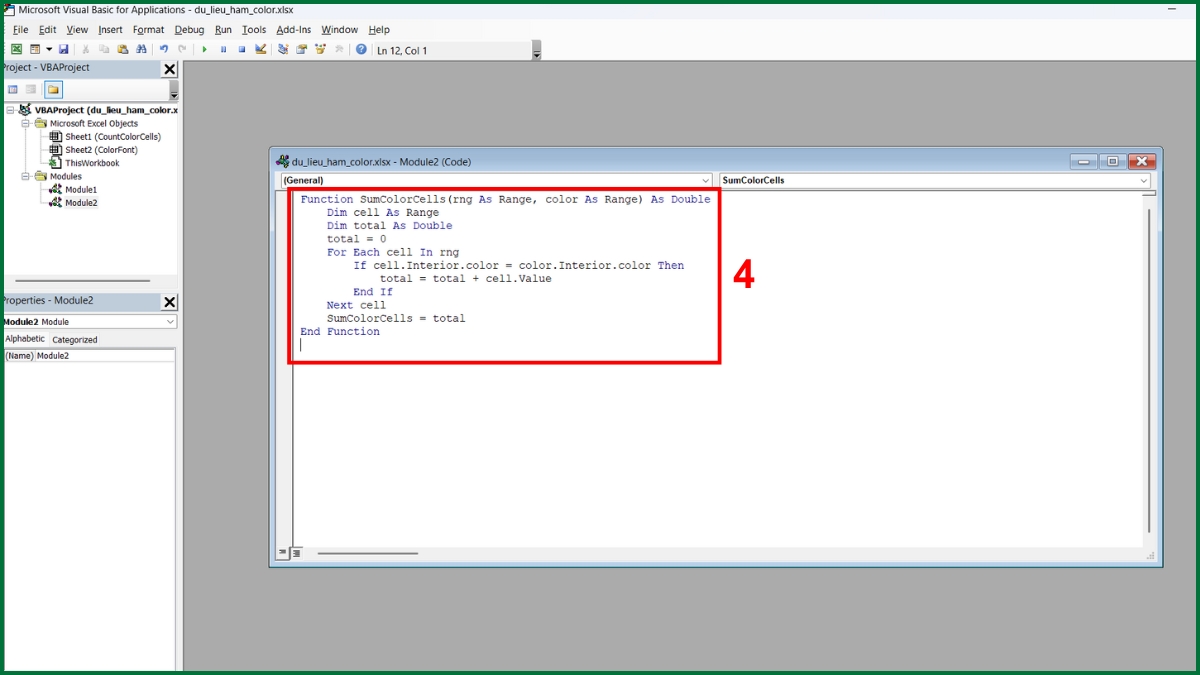 Cách tính tổng theo màu ô bằng hàm Color trong Excel bước 3