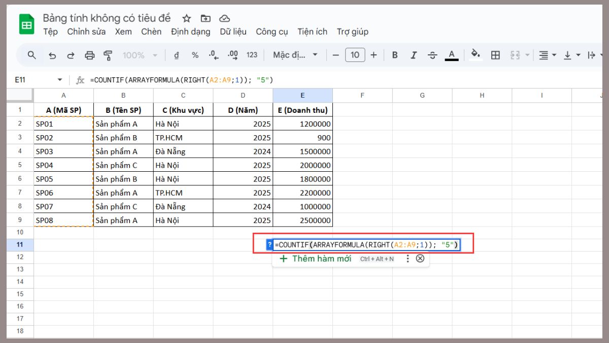 cách dùng hàm COUNTIF trong Google Sheet với hàm right bước 2