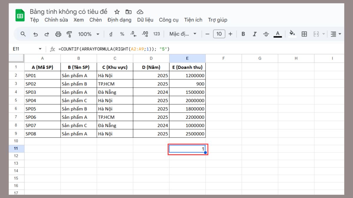cách dùng hàm COUNTIF trong Google Sheet với hàm right bước 3