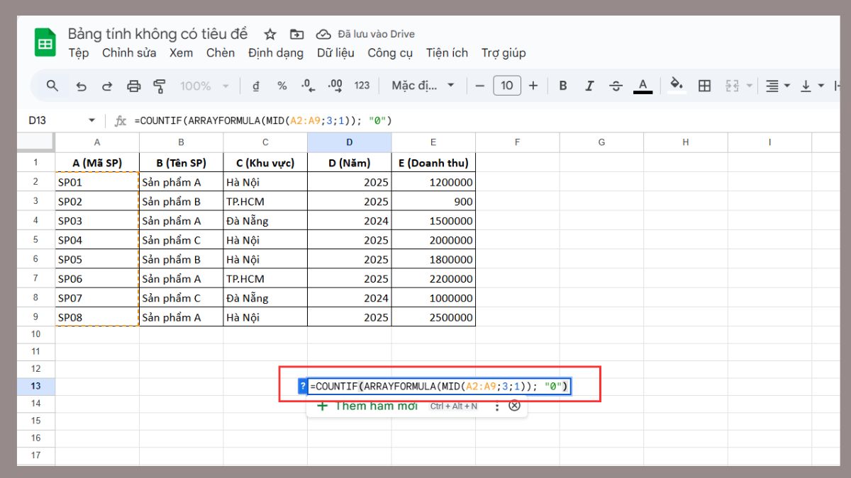 cách dùng hàm COUNTIF trong Google Sheet với hàm mid bước 2
