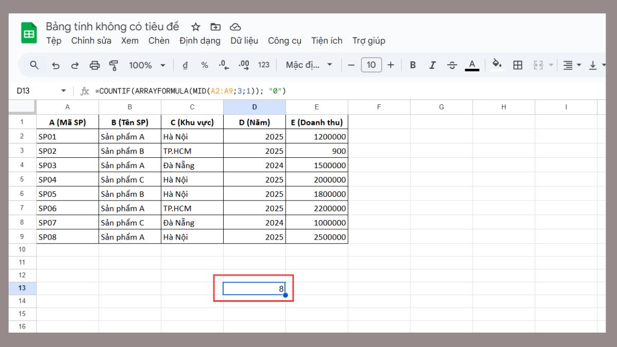 cách dùng hàm COUNTIF trong Google Sheet với hàm mid bước 3