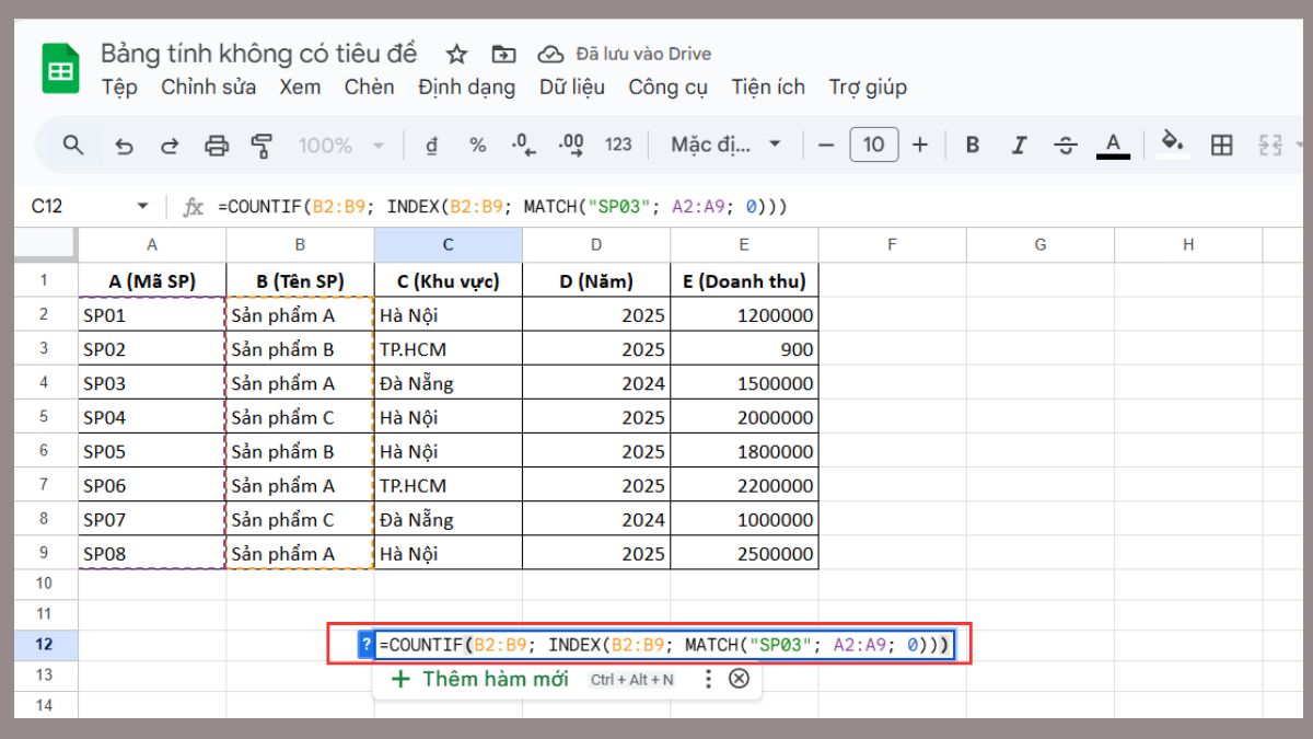 cách dùng hàm COUNTIF trong Google Sheet với hàm index và match bước 2