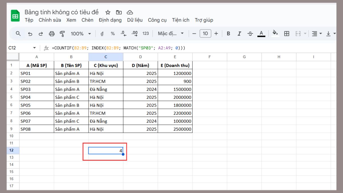 cách dùng hàm COUNTIF trong Google Sheet với hàm index và match bước 3