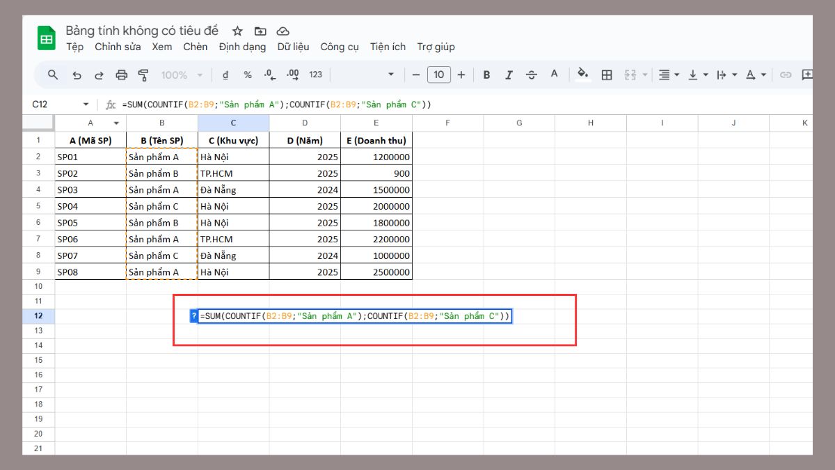 cách dùng hàm COUNTIF trong Google Sheet với hàm sum bước 2