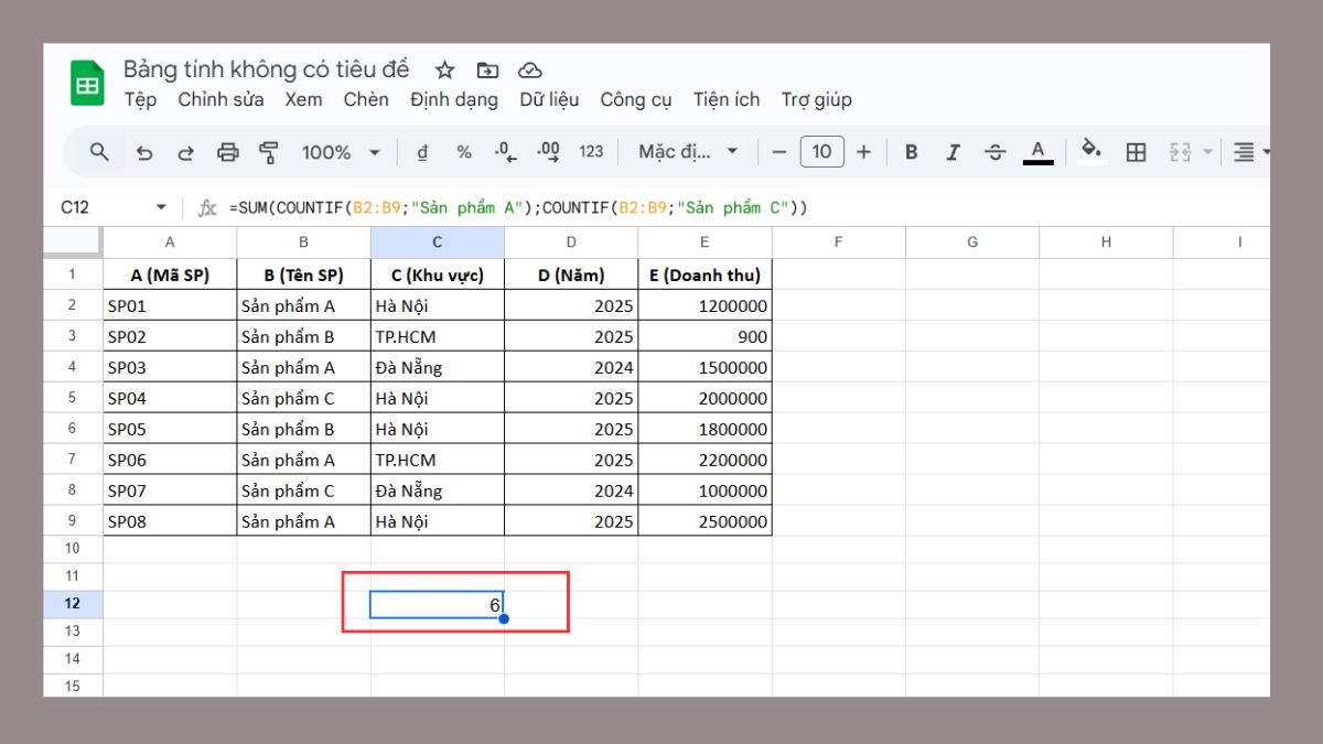 cách dùng hàm COUNTIF trong Google Sheet với hàm sum bước 3
