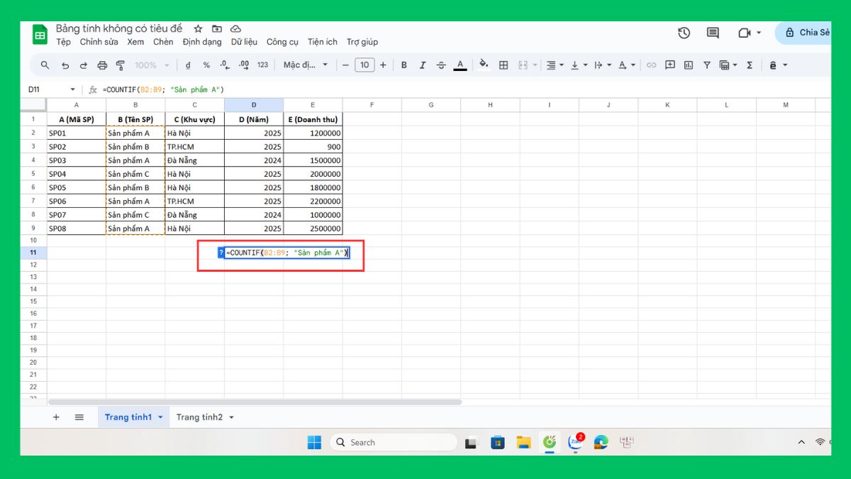 cách dùng hàm COUNTIF trong Google Sheet bước 2