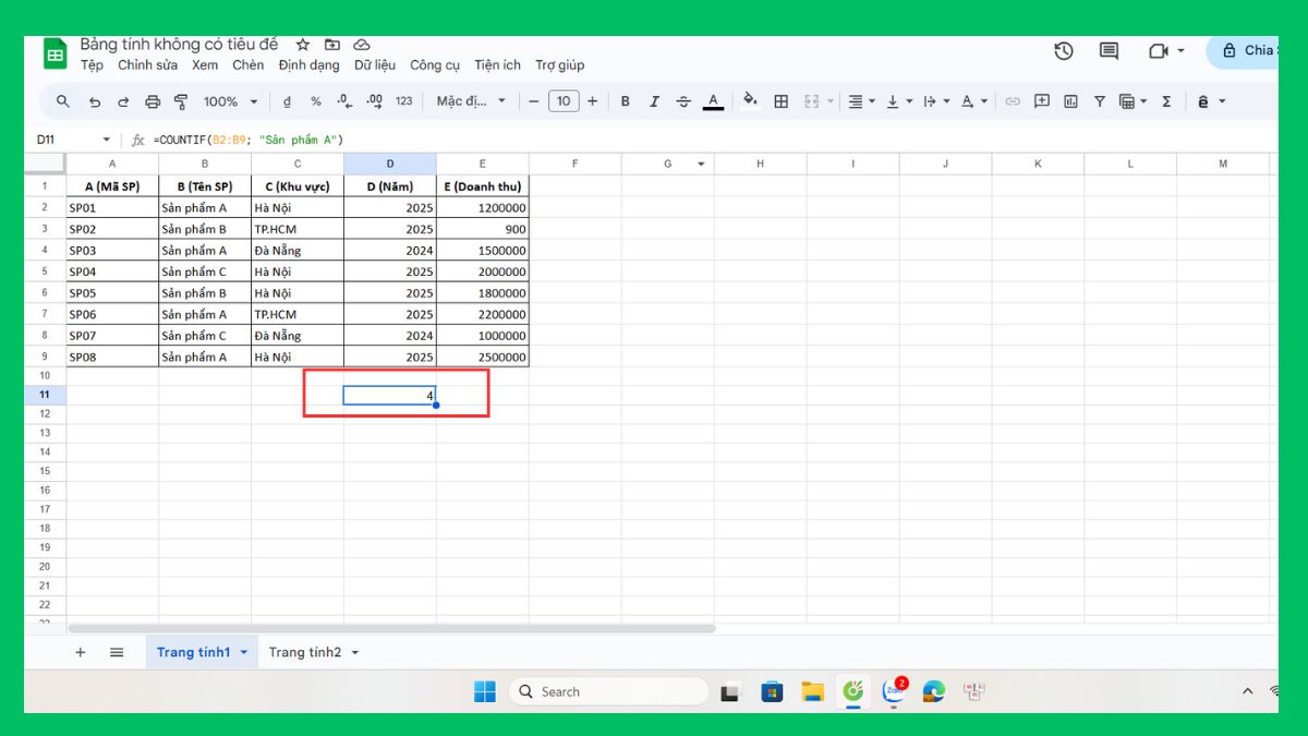 cách dùng hàm COUNTIF trong Google Sheet bước 3