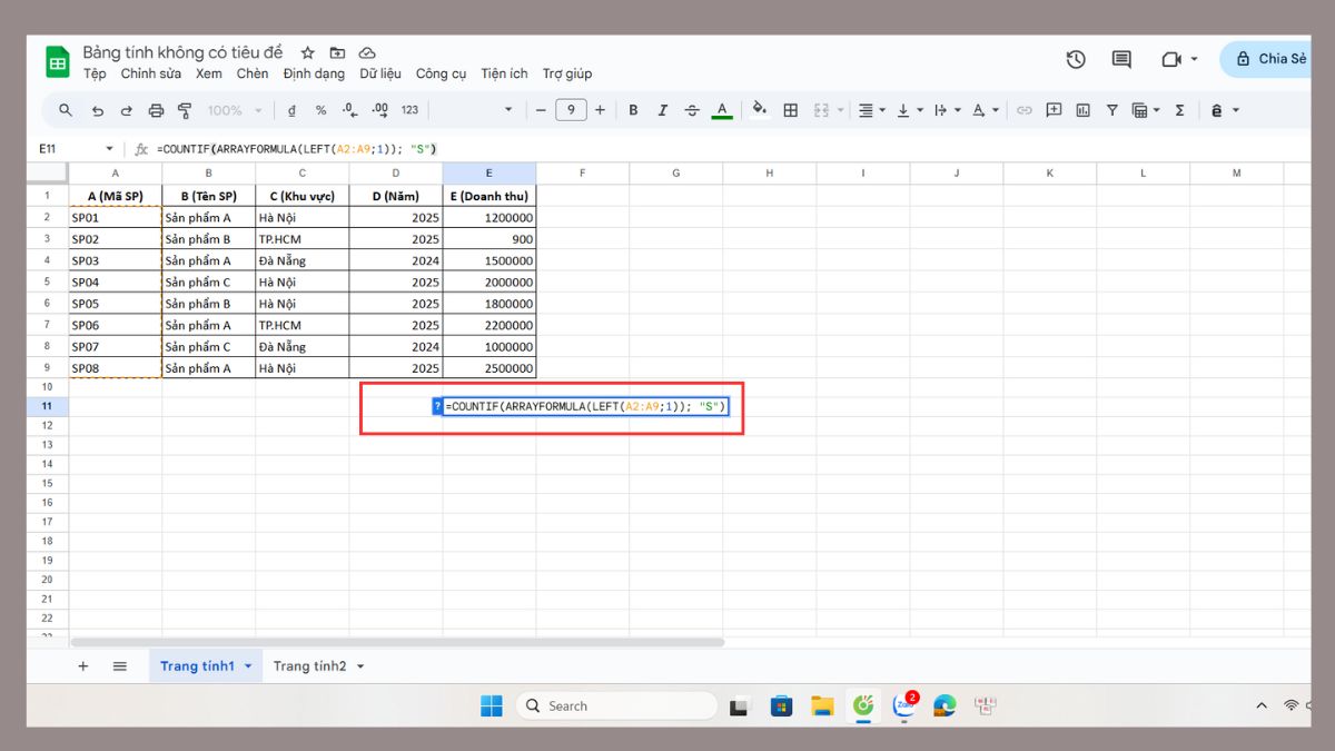 cách dùng hàm COUNTIF trong Google Sheet với hàm left bước 2