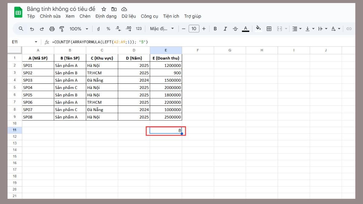 cách dùng hàm COUNTIF trong Google Sheet với hàm left bước 3
