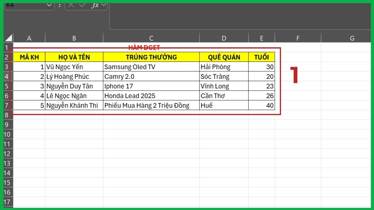 Cách sử dụng hàm DGET trong Excel bước 1