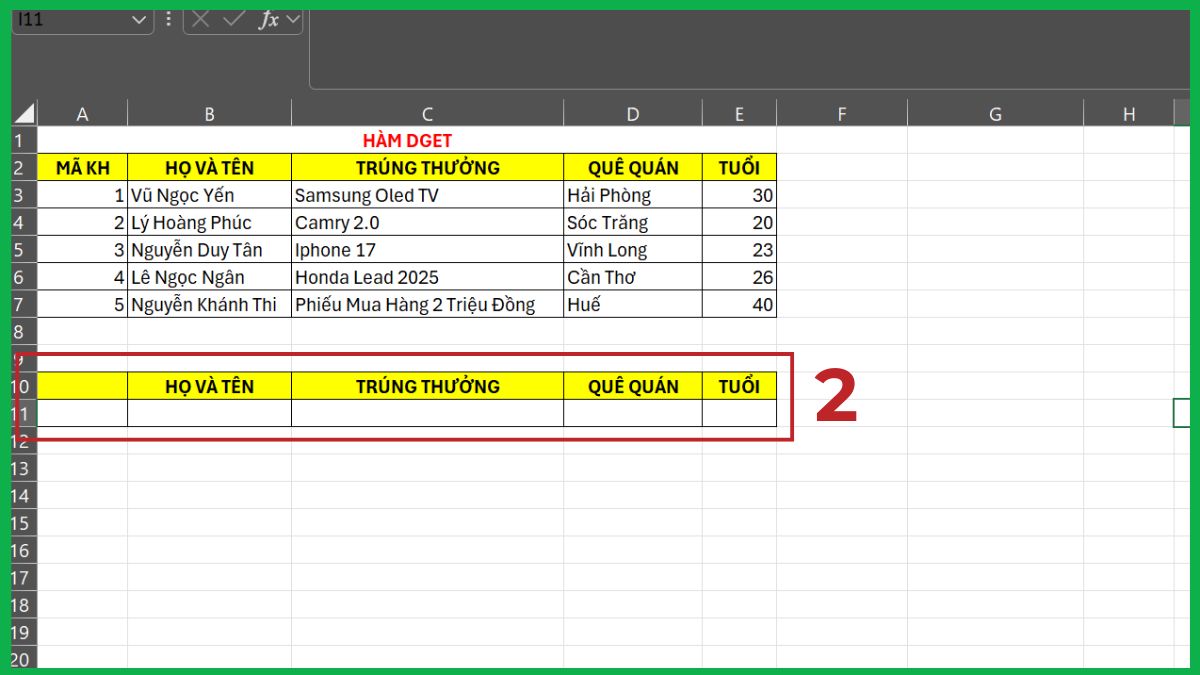 Cách sử dụng hàm DGET trong Excel bước 2
