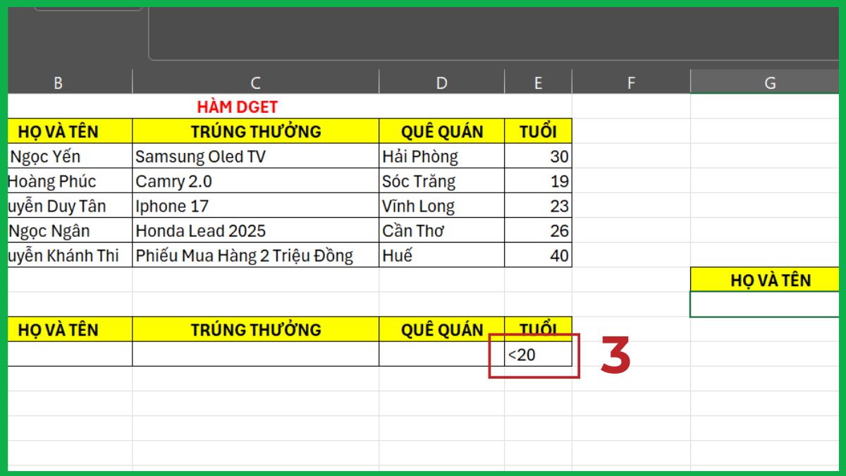 Cách sử dụng hàm DGET trong Excel bước 2+