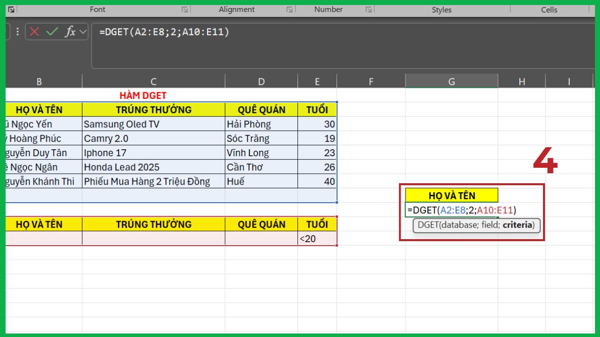 Cách sử dụng hàm DGET trong Excel bước 3