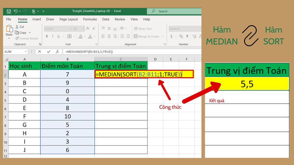Kết hợp hàm MEDIAN với hàm sort