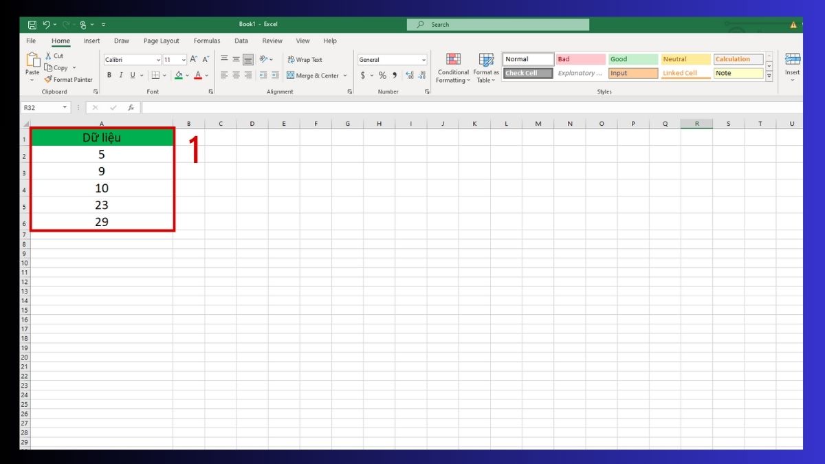 Cách tính trung vị trong Excel bằng hàm MEDIAN bước 1