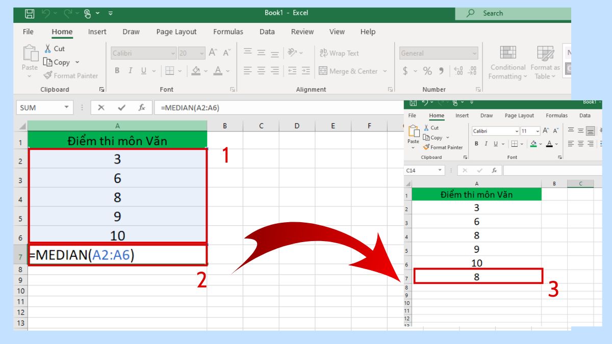 Cách tính trung vị trong Excel bằng hàm MEDIAN bước 3 tiếp theo