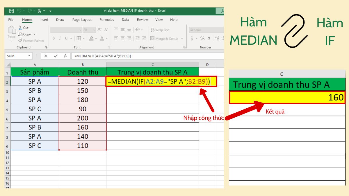 Kết hợp hàm MEDIAN với hàm if