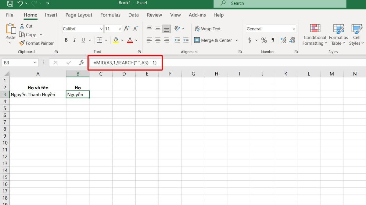 Các ví dụ ứng dụng hàm MID trong Excel - Cách xuất họ và tên bất kỳ