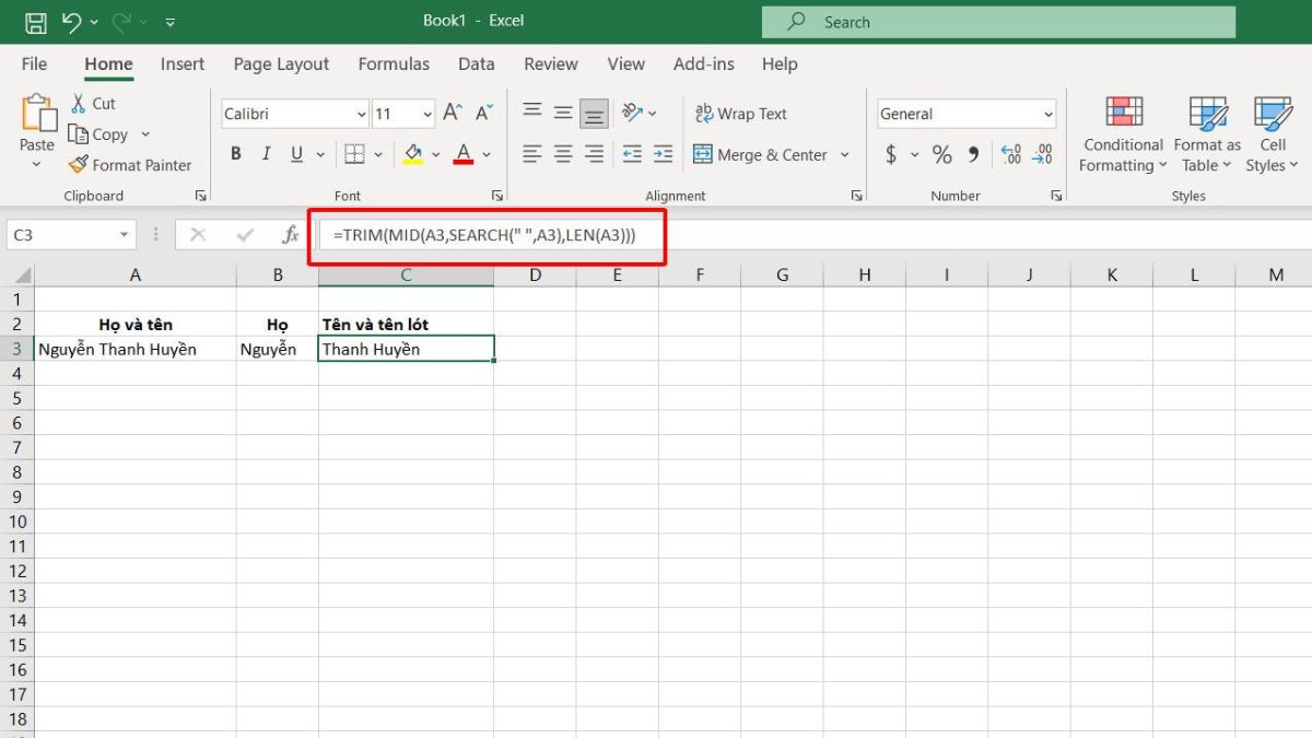 Các ví dụ ứng dụng hàm MID trong Excel - Để xuất tên ta dùng cấu trúc sau