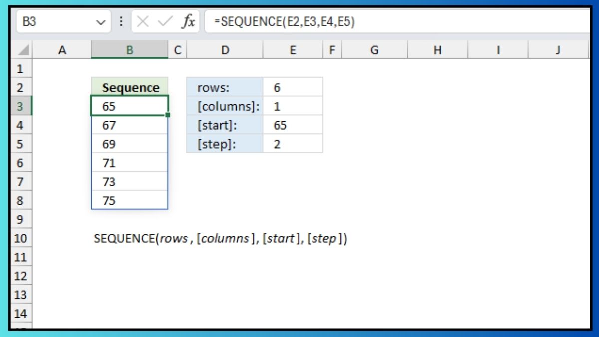 Công thức của hàm SEQUENCE trong Excel