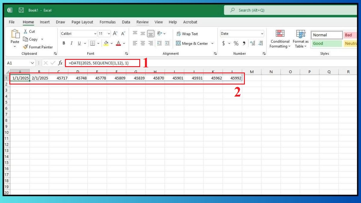 Cách sử dụng hàm SEQUENCE trong Excel bằng cách tạo danh sách tháng ngày trong tháng bước 1