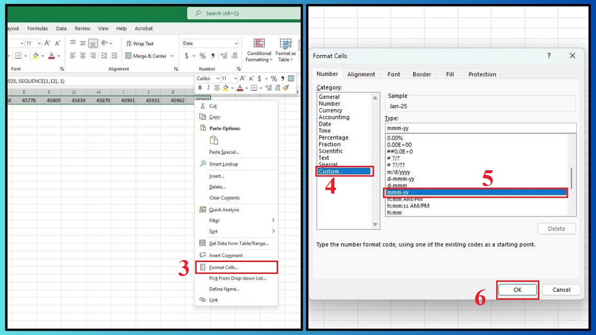 Cách sử dụng hàm SEQUENCE trong Excel bằng cách tạo danh sách tháng ngày trong tháng bước 2