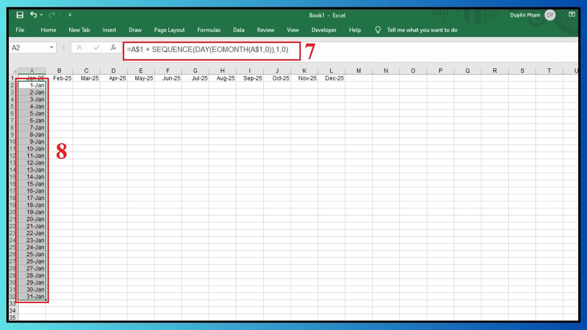 Cách sử dụng hàm SEQUENCE trong Excel bằng cách tạo danh sách tháng ngày trong tháng bước 3