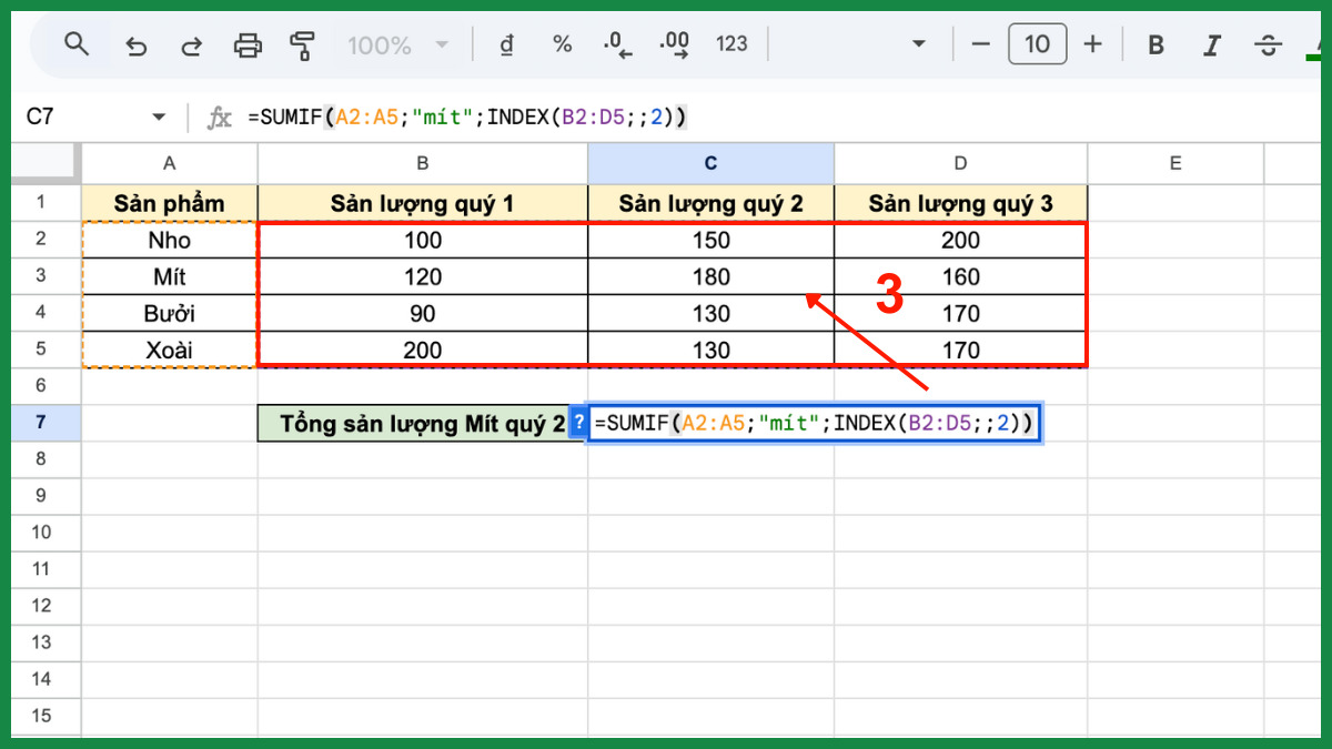 Cách dùng hàm SUMIF trong Google Sheet với hàm index bước 3