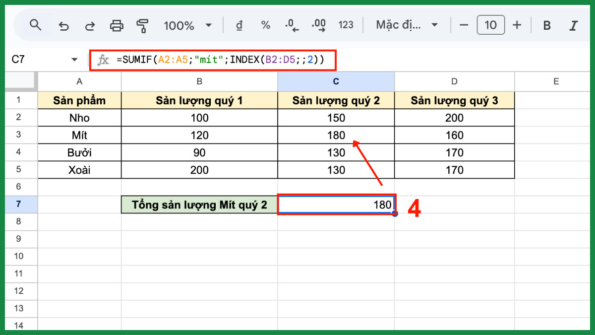 Cách dùng hàm SUMIF trong Google Sheet với hàm index bước 4