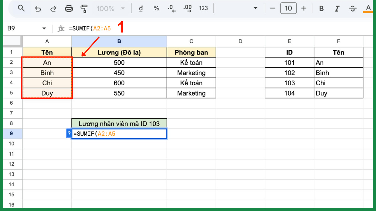 Cách dùng hàm SUMIF trong Google Sheet với hàm vlookup bước 1