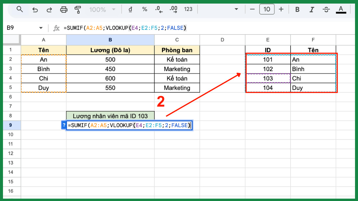 Cách dùng hàm SUMIF trong Google Sheet với hàm vlookup bước 2