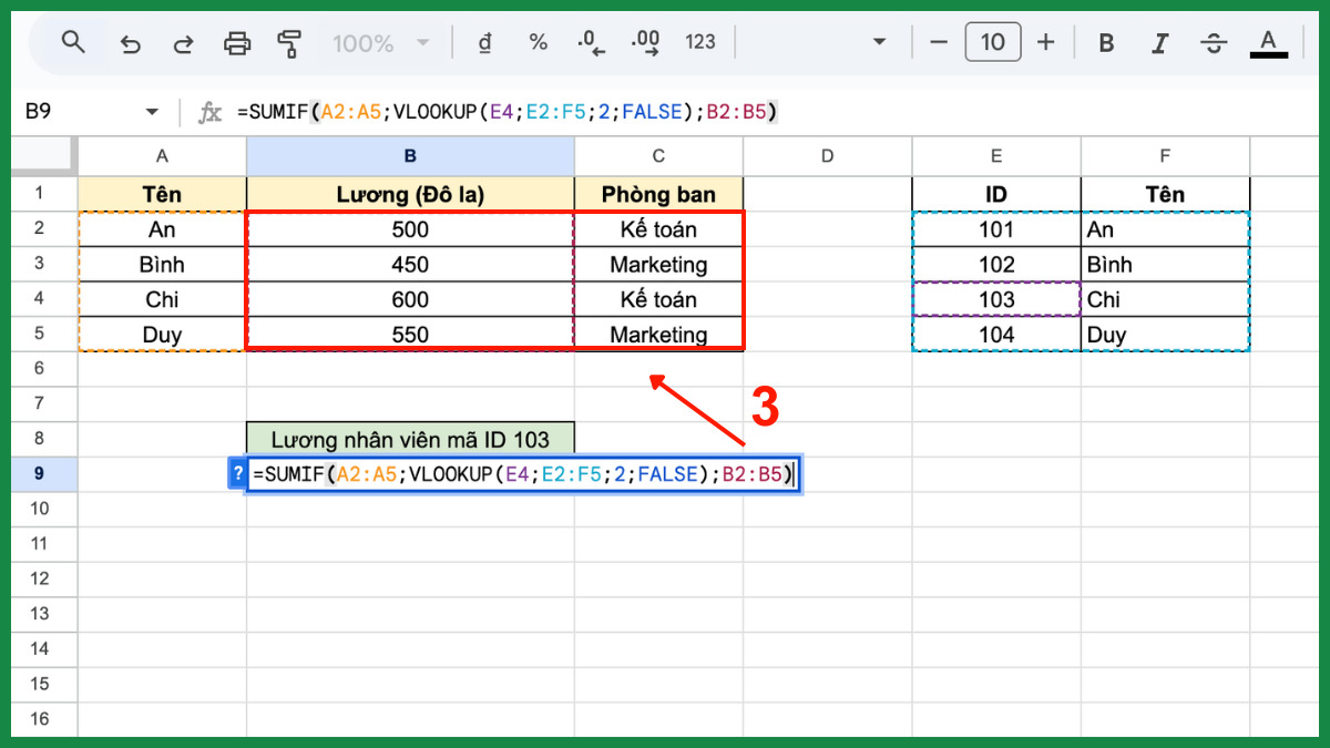 Cách dùng hàm SUMIF trong Google Sheet với hàm vlookup bước 3
