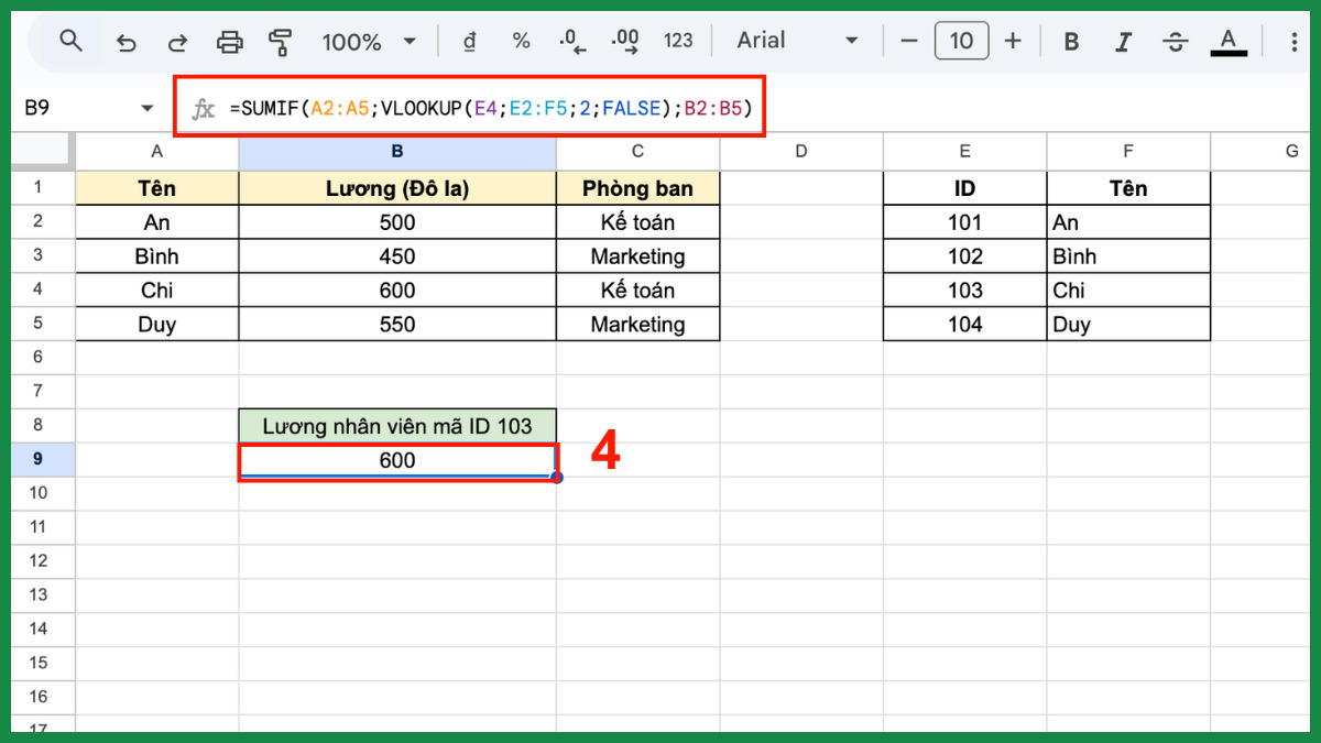 Cách dùng hàm SUMIF trong Google Sheet với hàm vlookup bước 4