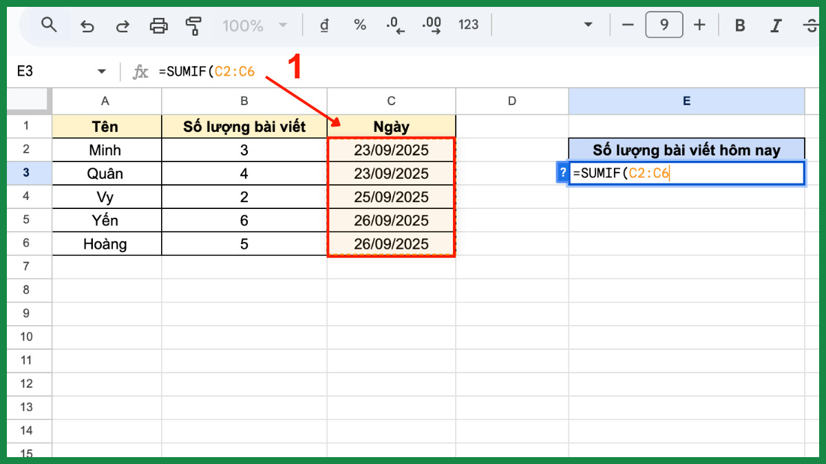Cách dùng hàm SUMIF trong Google Sheet với hàm today bước 1