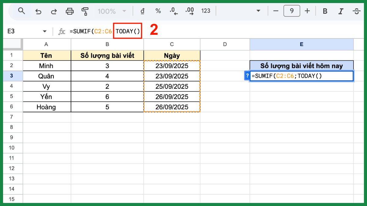 Cách dùng hàm SUMIF trong Google Sheet với hàm today bước 2