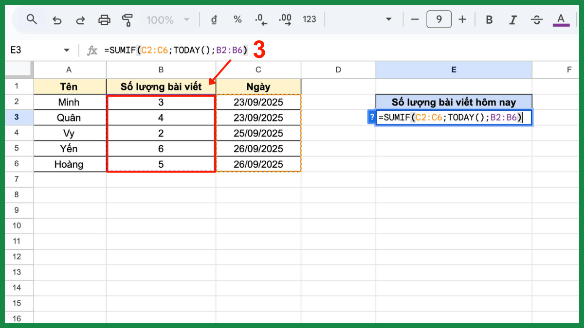 Cách dùng hàm SUMIF trong Google Sheet với hàm today bước 3