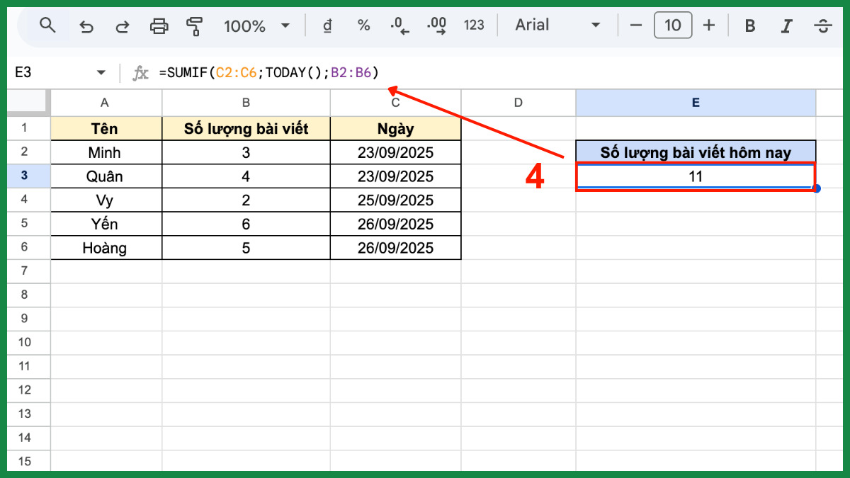 Cách dùng hàm SUMIF trong Google Sheet với hàm today bước 4