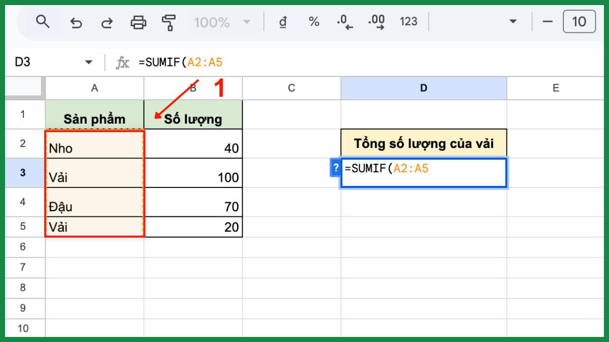Cách dùng hàm SUMIF trong Google Sheet bước 1