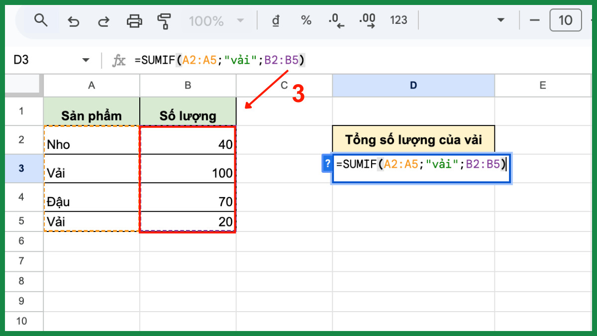 Cách dùng hàm SUMIF trong Google Sheet bước 3