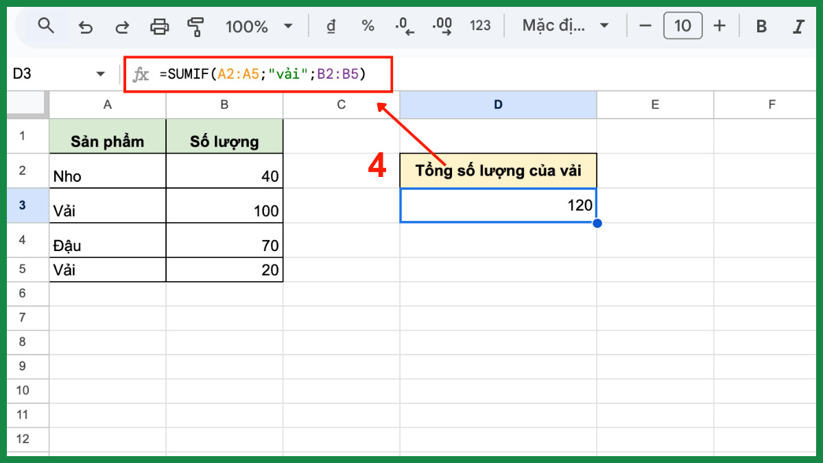 Cách dùng hàm SUMIF trong Google Sheet bước 4