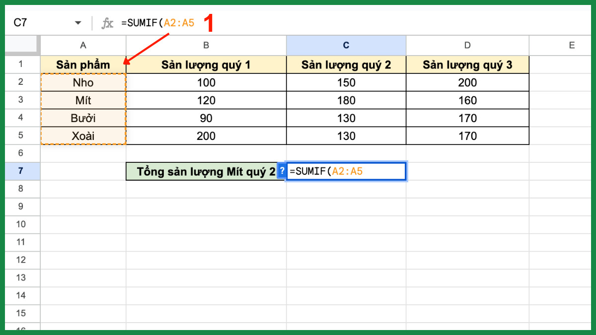 Cách dùng hàm SUMIF trong Google Sheet với hàm index bước 1