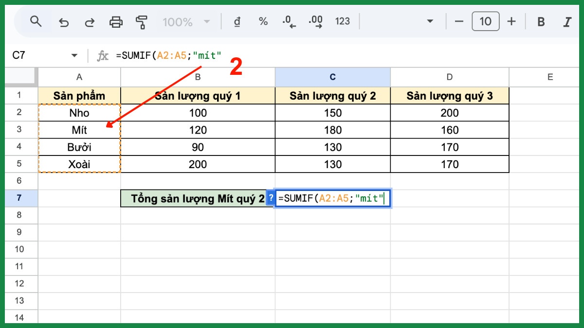 Cách dùng hàm SUMIF trong Google Sheet với hàm index bước 2